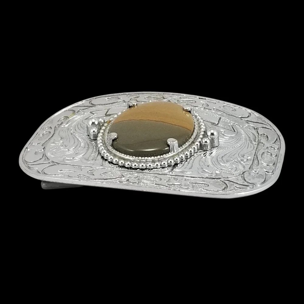 Vintage Western Silver Tone Floral Engraved Belt Buckle‎ with Brown Jasper Stone